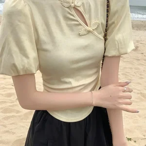 Solid Color Sweet Lady Woman T-Shirt New Chinese Slim Waist Slim Women T-Shirt Summer New Simple Basic Chicly Top Female
